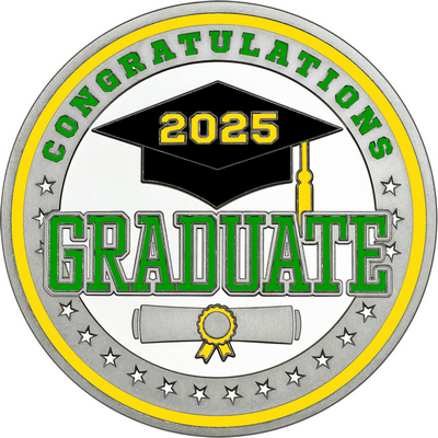 Green "Congratulations Graduate" with Yellow 2025, Rim, Tassel & Ribbonn